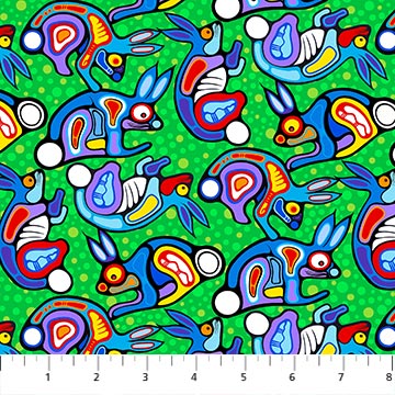 The Four Seasons Green Multi Rabbits Fabric