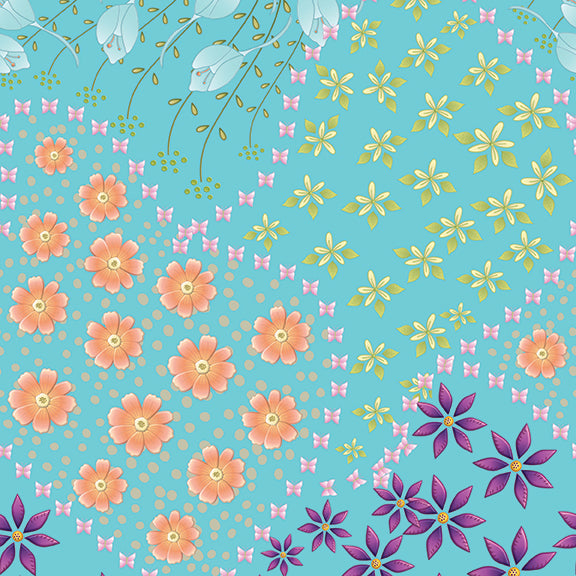 922108910KC / Small Flowers Multi - Teal Scuba