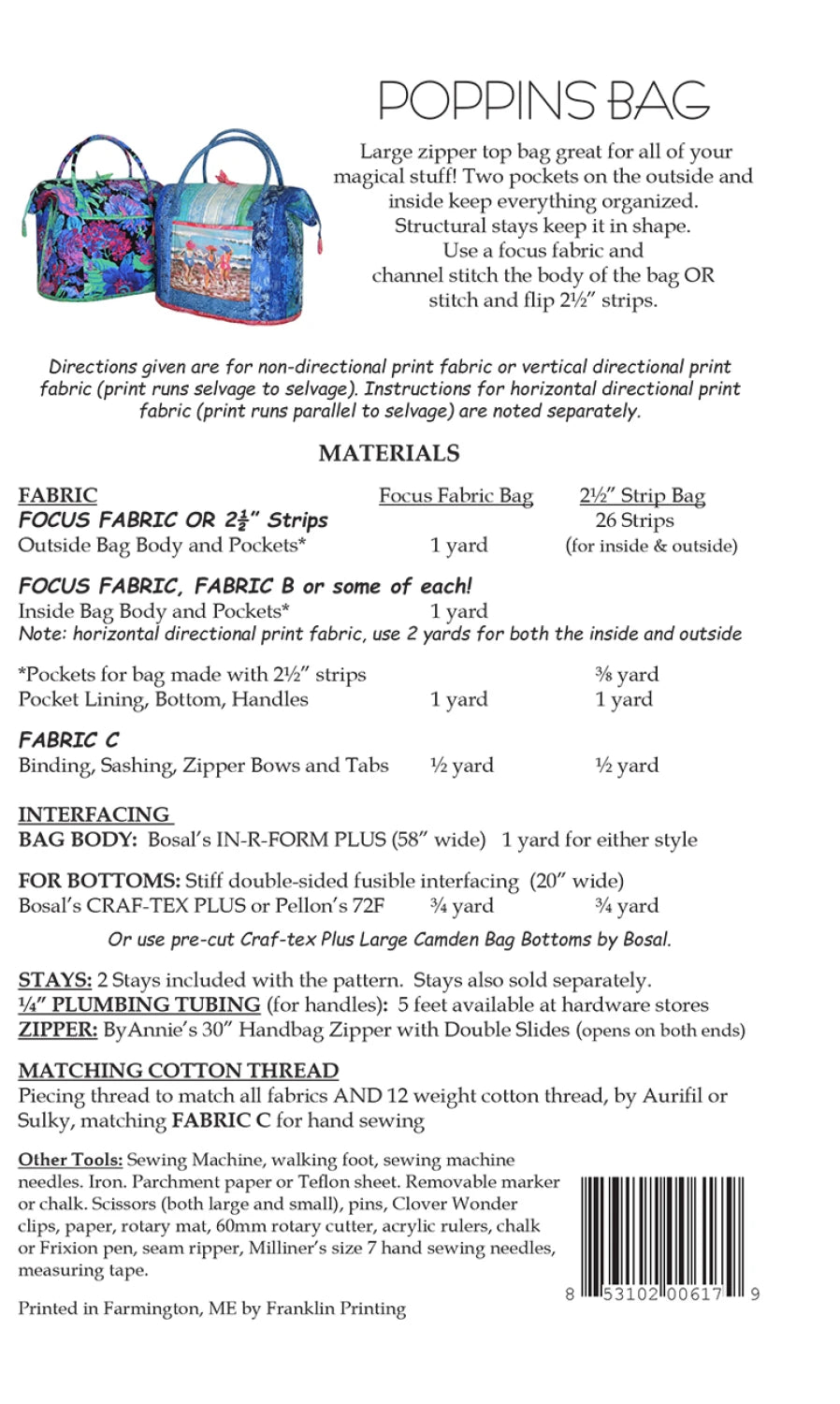Poppins Bag Pattern With Stays