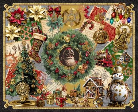 Gears & Garland Red Steampunk Christmas Panel 36 Inch