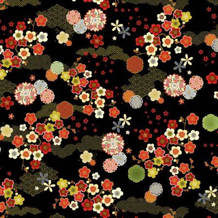 Black Geo Asian Floral Metallic