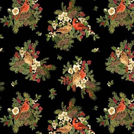 Black Cardinal On Floral Metallic