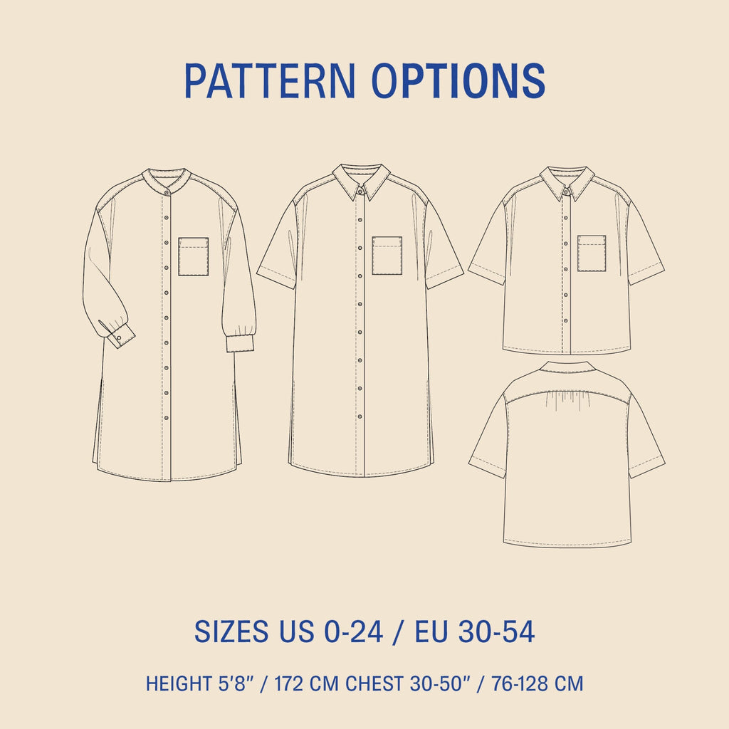 Pattern options for a shirt with various sizes and patterns on a beige background.