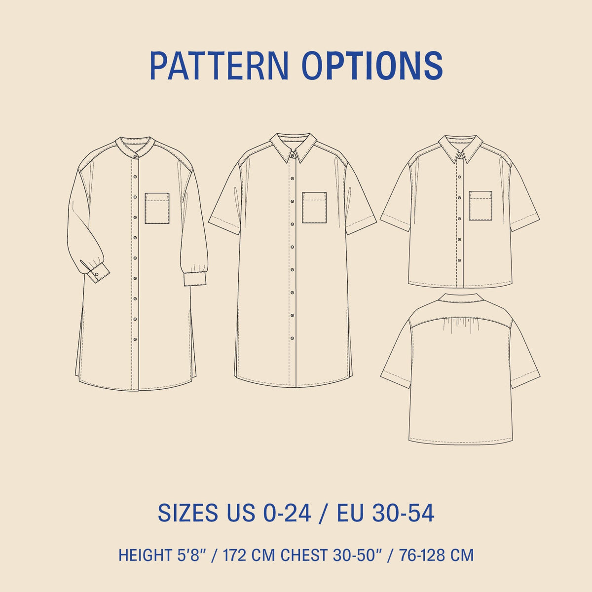 Pattern options for a shirt with various sizes and patterns on a beige background.