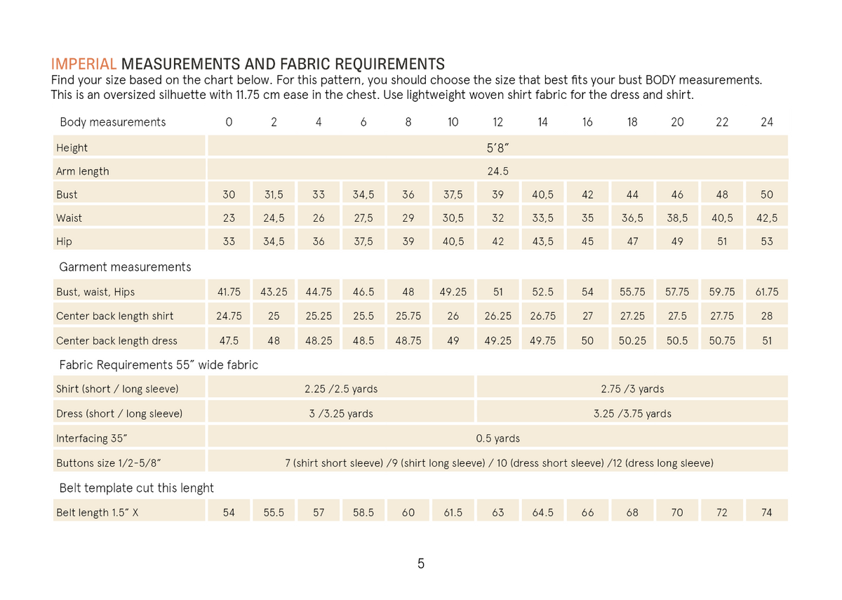 Measurement chart for dress and shirt patterns with body measurements and fabric requirements.