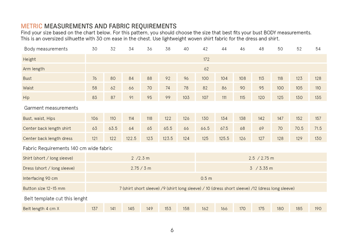 Fabric requirements and size chart for a garment pattern on a white background