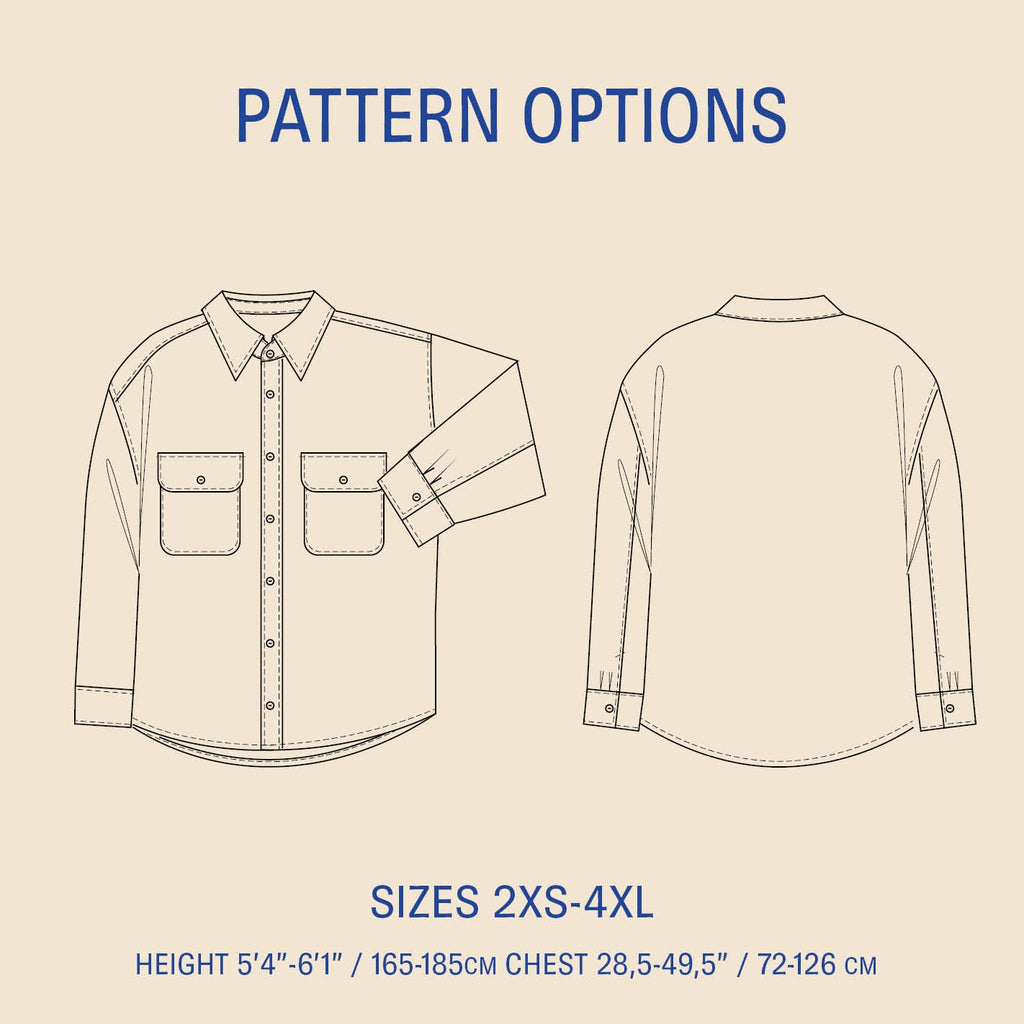 Outline of a shirt with pattern options and size information on a beige background