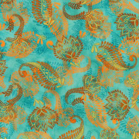 Golden Feathers Paisley Aqua Metallic