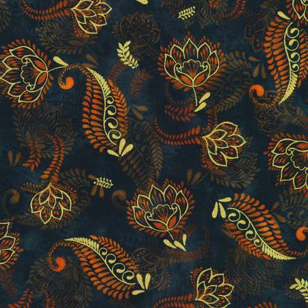 Golden Feathers Paisley Navy Metallic