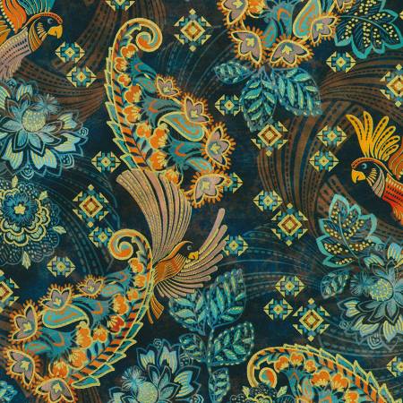 Golden Feathers Floral Navy Metallic