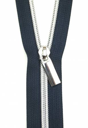 Zippers By The Yard - Navy Tape Nickel Teeth #5 Nylon Zipper and 9 Pulls (3yds)